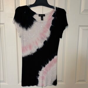 INC International Concepts Black, Pink & White Tie-Dye Short Sleeve Top Xl
